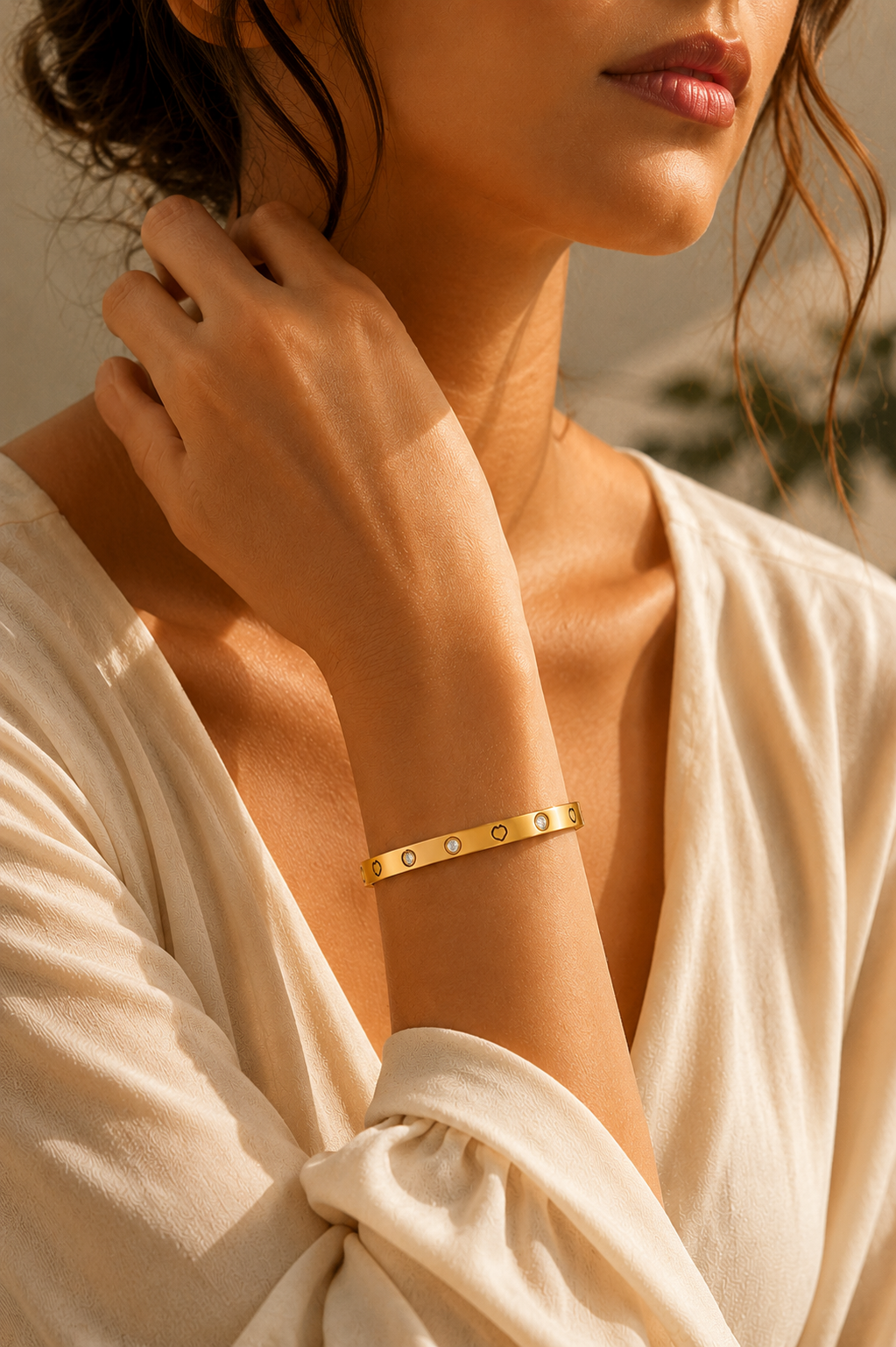 Gold - Plated Cubic Zirconia Heart Bangle