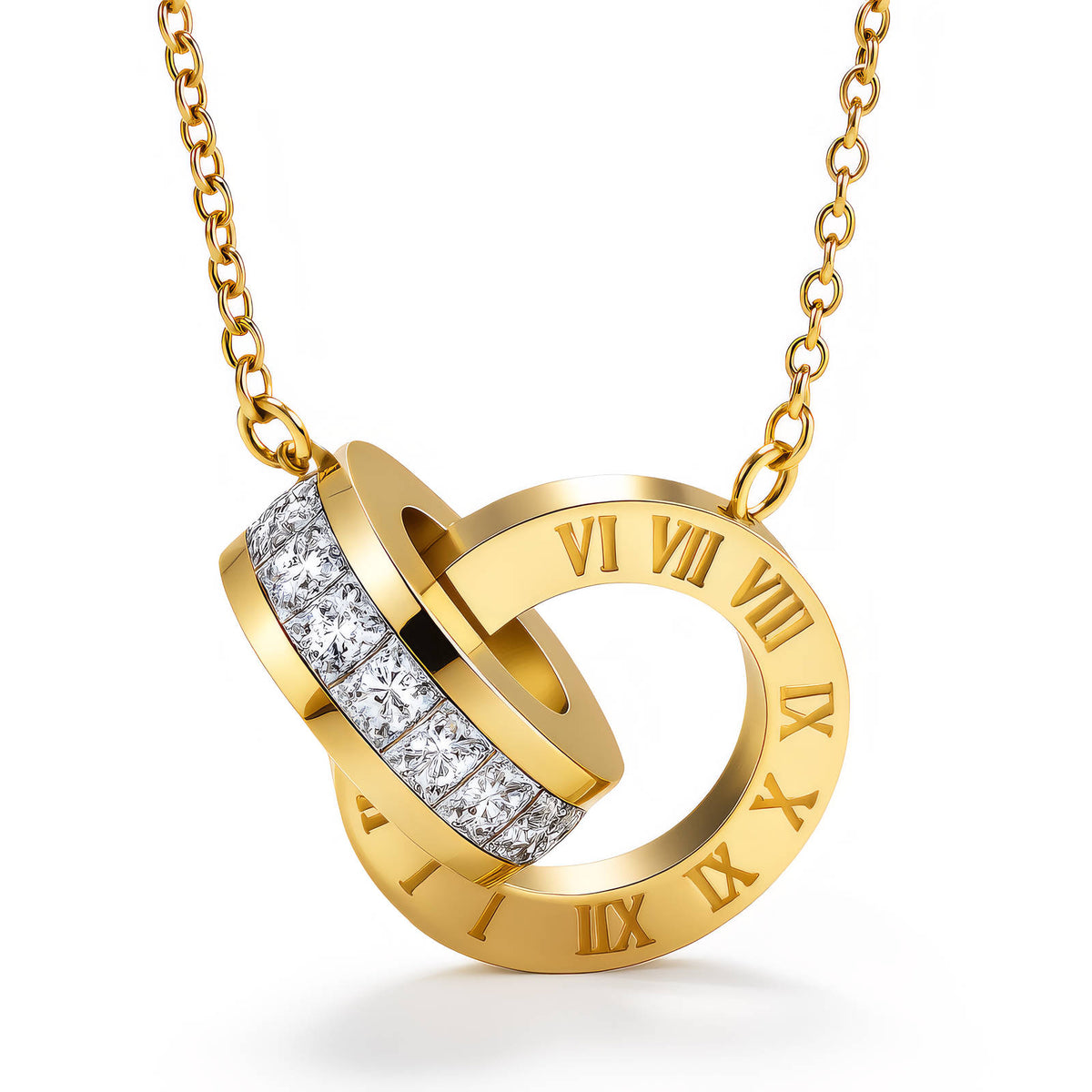 Cubic Zirconia 18K Gold-Plated Interlocking Rings Necklace