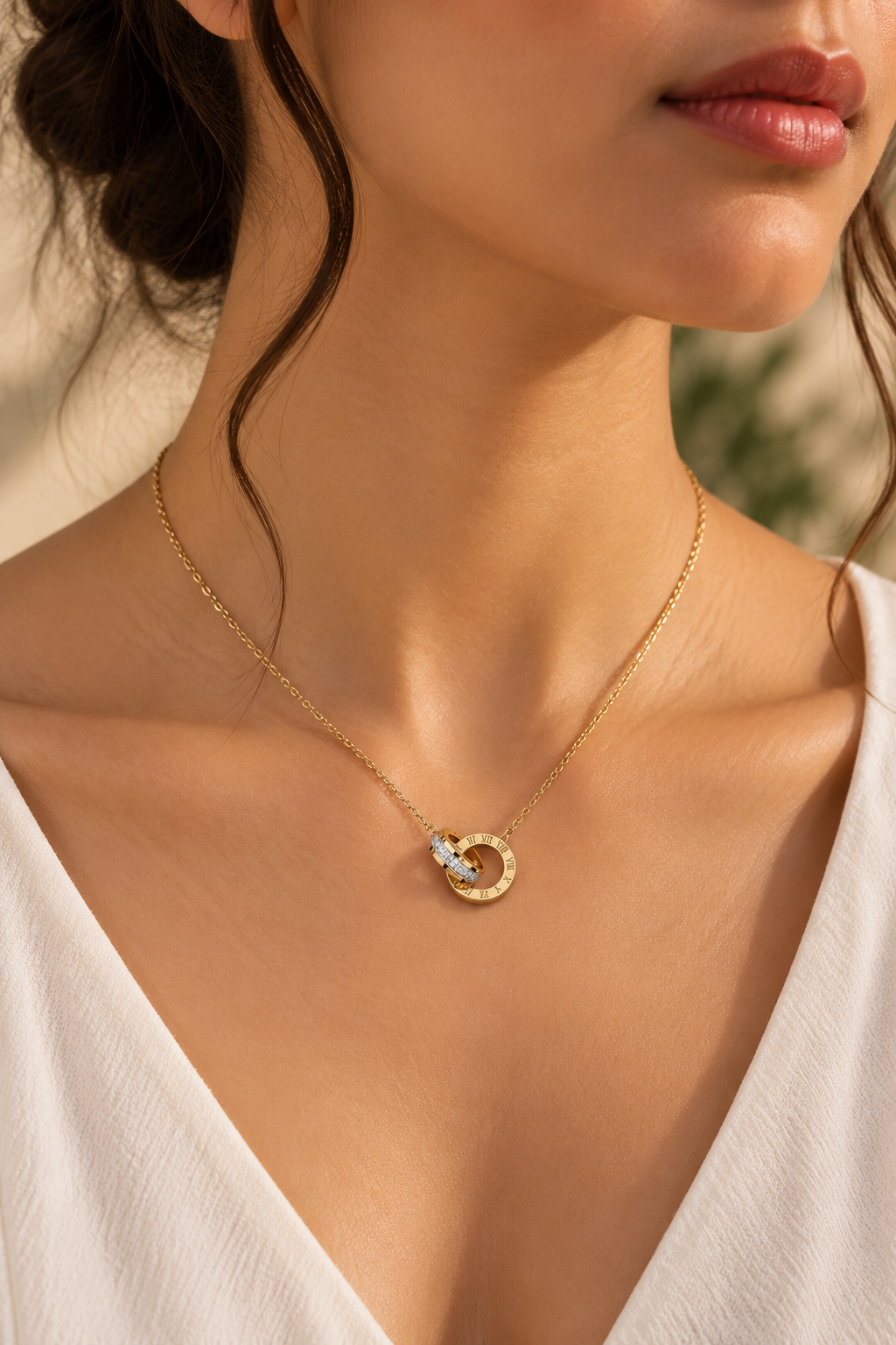 Cubic Zirconia 18K Gold-Plated Interlocking Rings Necklace