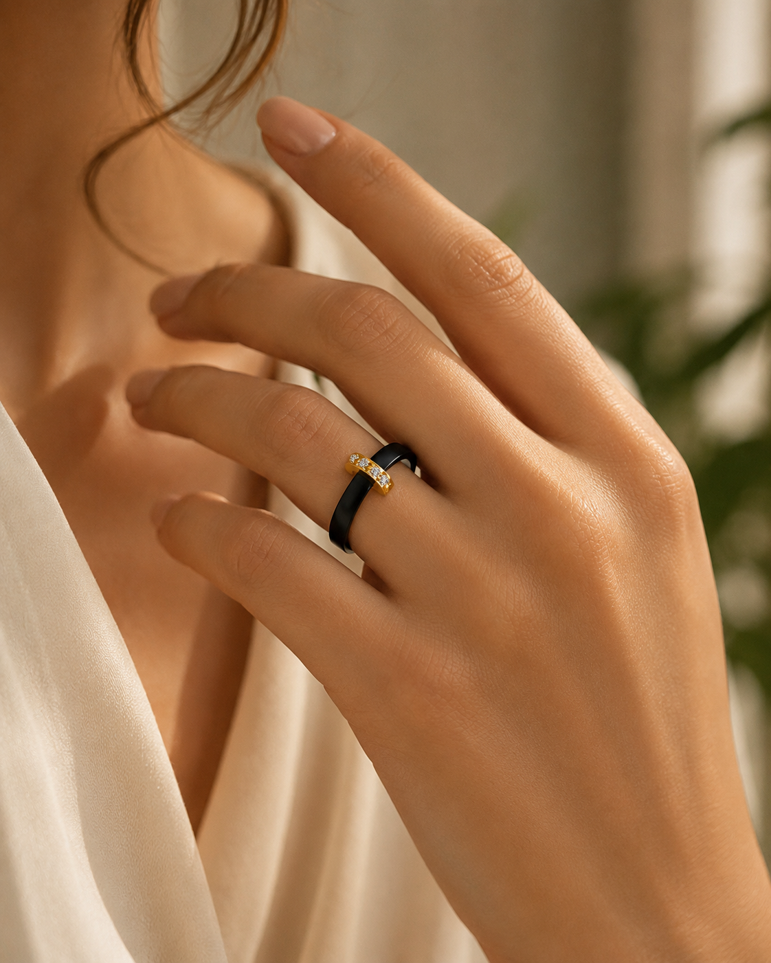 Gold-Plated Cubic Zirconia Ring Brass and Ceramic