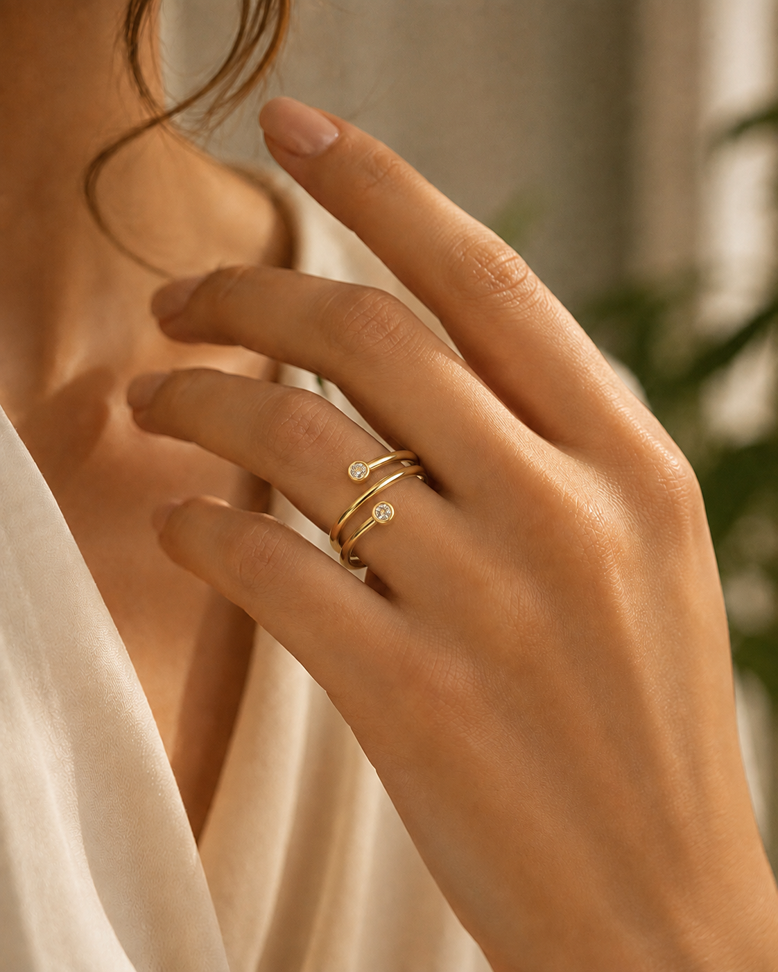 Gold-Plated Cubic Zirconia Spiral Ring